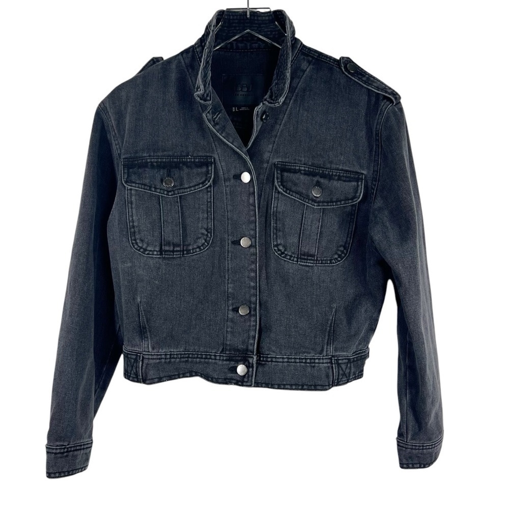 BBJ Los Angeles Women's Large Black Cropped Moto Button Down Denim Jacket